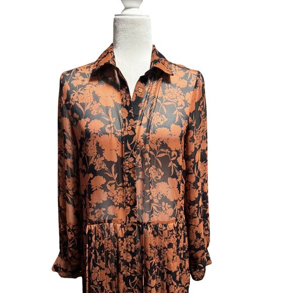The Shirt by Rochelle Behrens Rust & Black Sheer Floral Maxi Shirt Dress (S) - Picture 4 of 7